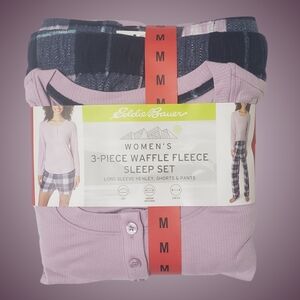 Eddie Bauer Pajama Set Waffle Fleece 3-Piece Plaid Purple Sleepwear Fall Cozy